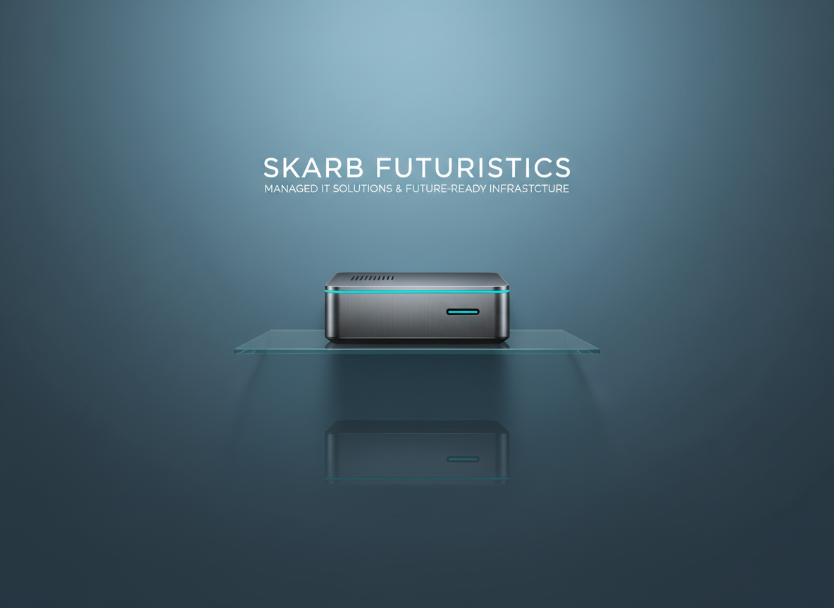 A futuristic, small-form-factor edge computing unit with a brushed gunmetal chassis and subtle cyan accent line is positioned on a floating glass shelf against a smooth, gradient slate-blue wall. Discreet ventilation slots and a single illuminated status strip suggest quiet, efficient operation. Below, a soft reflection of the device appears in the glass, enhancing the sense of precision engineering. Directional studio lighting from the upper right creates refined highlights along the device’s chamfered edges and a gentle shadow beneath. Captured in a centered, symmetrical composition with ample negative space, the photographic realism and minimalist aesthetic evoke innovation and affordability, presenting Skarb Futuristics as a forward-thinking provider of managed IT solutions and future-ready infrastructure.