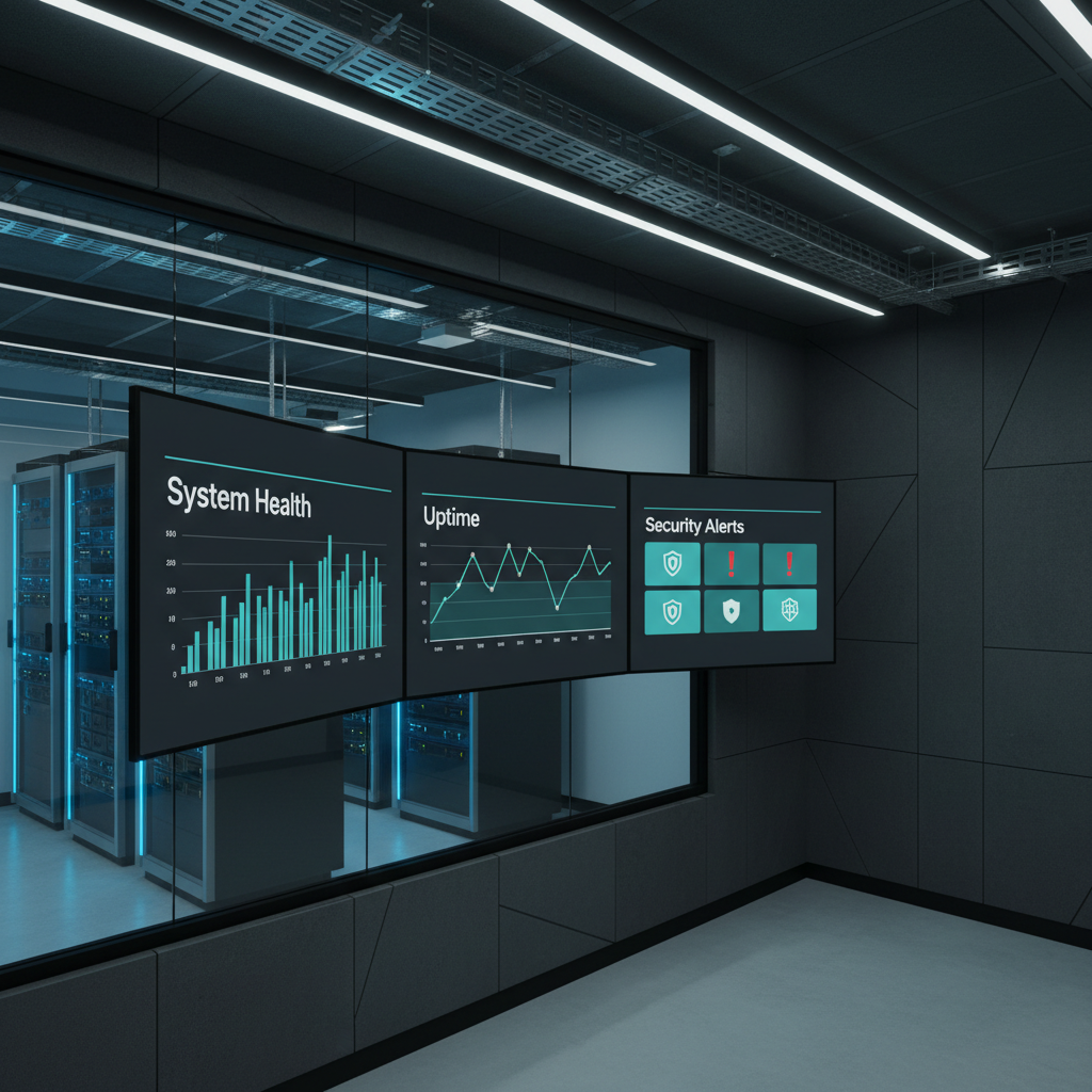 An expansive, wall-mounted ultra-wide digital dashboard displays a clean, minimalist interface of system health metrics, uptime graphs, and security alerts in cool blues and greens on a deep charcoal background. The screen is installed in a modern, uncluttered operations room with dark acoustic wall panels, neatly organized network switches in the distance, and cable trays running in perfect alignment along the ceiling. Soft, even overhead LED lighting combines with the dashboard’s glow to create a controlled, high-tech ambiance. Photographic realism captures the scene from a slightly elevated three-quarter angle, with sharp focus and balanced composition. The mood is calm, vigilant, and professional, visually communicating managed systems monitoring and affordable yet enterprise-grade IT oversight.