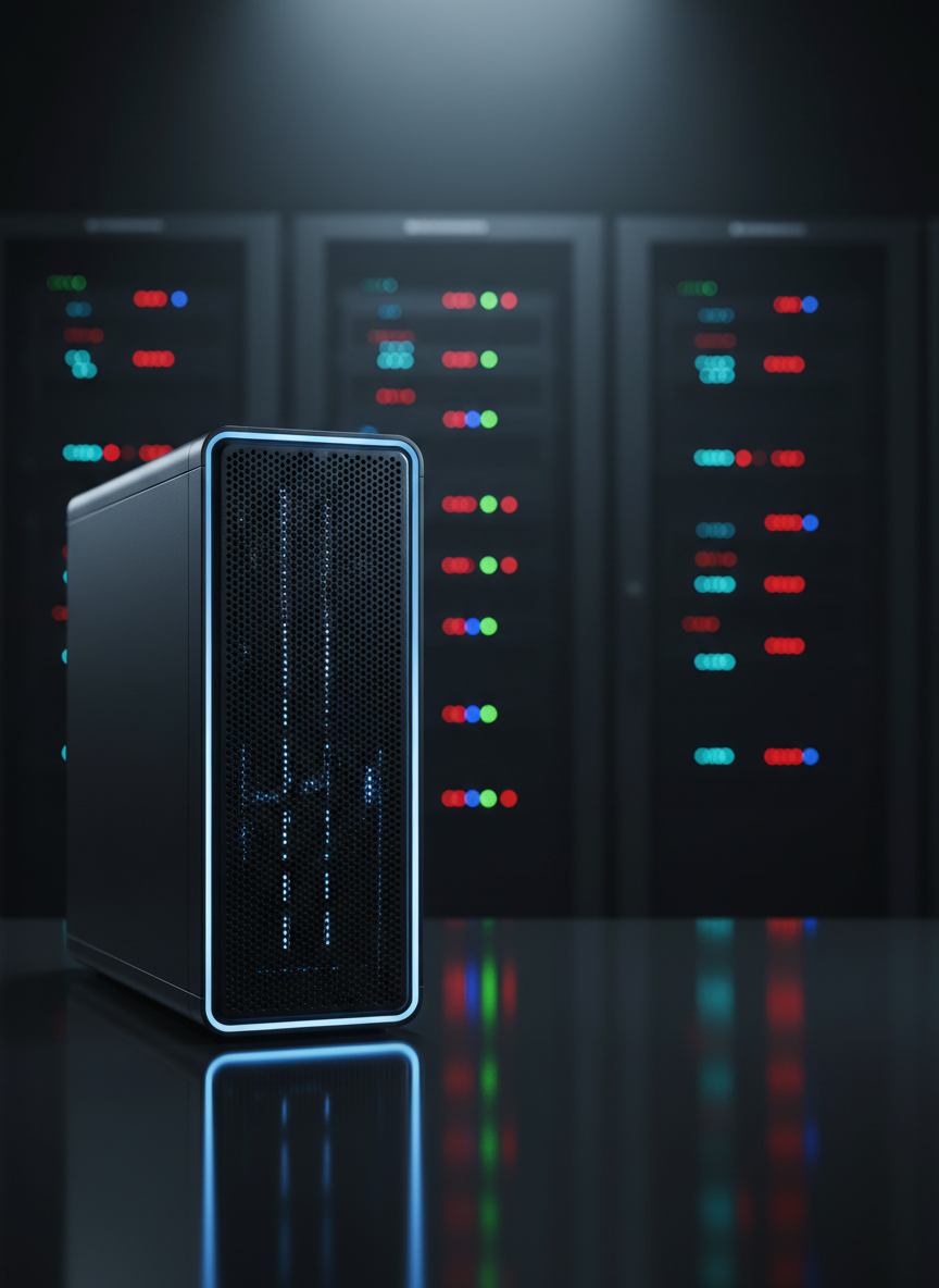 A sleek, matte-black server tower with subtle blue LED accents stands centered on a reflective dark glass surface, its vented metal panels revealing intricate textures and fine perforations. Behind it, softly blurred racks of network equipment glow with tiny status lights, suggesting a larger infrastructure. Cool, diffused studio lighting from above and slightly behind creates a professional rim light along the server’s edges, casting a crisp, controlled shadow forward. Captured at eye level with a slightly wide lens, the composition uses the rule of thirds, leaving negative space for potential overlay text. The mood is modern, reliable, and precise, with photographic realism emphasizing clean lines, sharp focus on the main server, and a gently bokeh’d background for a polished IT services homepage hero image.