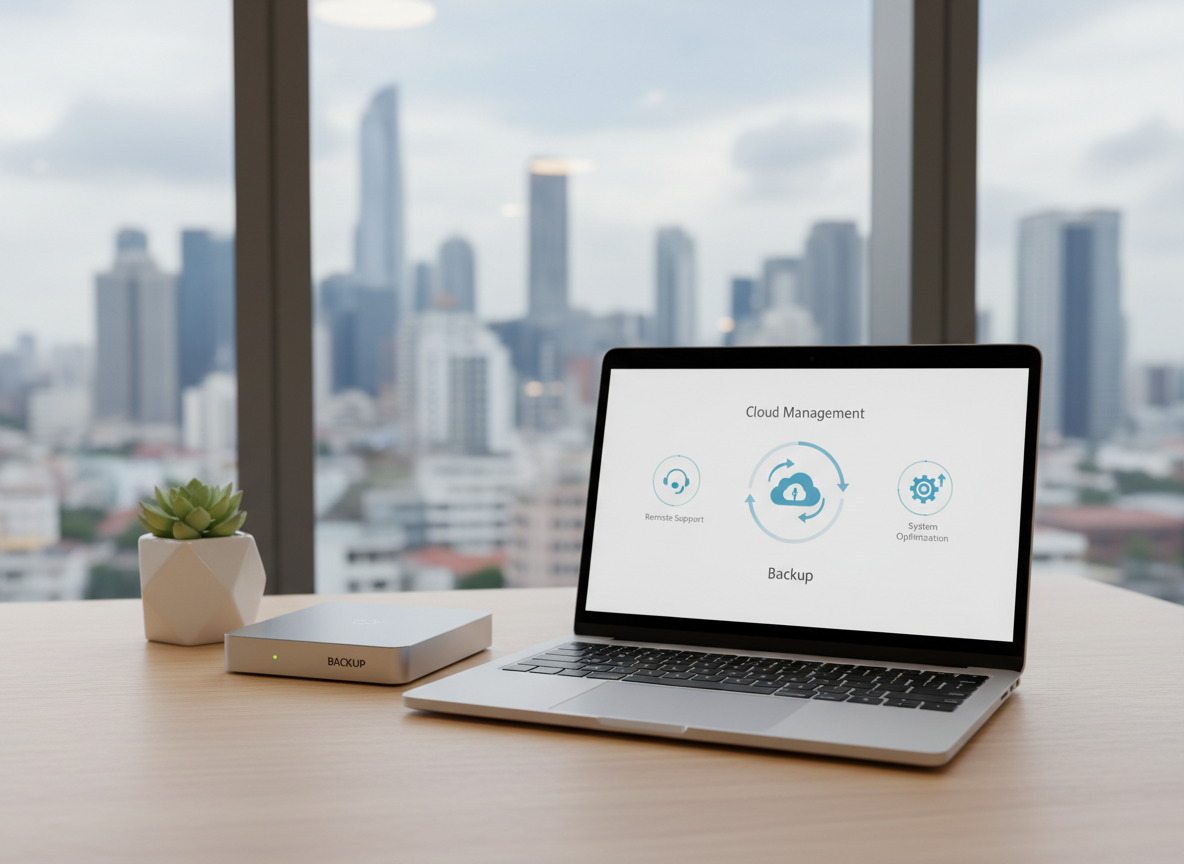 A minimalist, high-end laptop with a brushed aluminum finish sits open on a tidy, light-wood desk, displaying a clean cloud management dashboard with icons for backup, remote support, and system optimization. To the side, a compact, labeled external backup unit and a small, potted matte-white geometric planter add structure without clutter. Floor-to-ceiling windows in the background reveal a softly blurred city skyline, suggesting a professional, future-focused environment. Natural daylight streams in, balanced by subtle indoor lighting, creating soft highlights on the laptop’s edges and gentle reflections on the desk. Shot from a slightly elevated three-quarter angle with moderate depth of field, the photographic realism and balanced composition convey accessible, affordable IT services built for modern businesses.