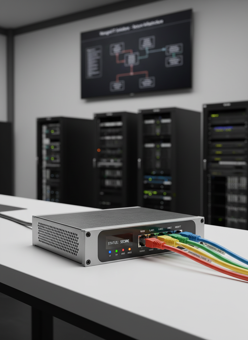 A compact, silver-and-slate-gray network firewall appliance with textured metal housing and clearly labeled ports rests on a smooth white workstation surface. A handful of color-coded Ethernet cables plug neatly into the back, their braided sheaths and gold connectors rendered in crisp detail. In the softly blurred background, organized rows of additional devices and a subtle schematic diagram on a wall-mounted display hint at a broader secure infrastructure. Neutral, diffused studio lighting from the left casts gentle, precise shadows and micro-reflections on the metal surfaces. Captured at a slightly elevated close-up angle with shallow depth of field, the composition feels clean and technical. The mood is confident and secure, emphasizing dependable, affordable cybersecurity as part of managed IT solutions.
