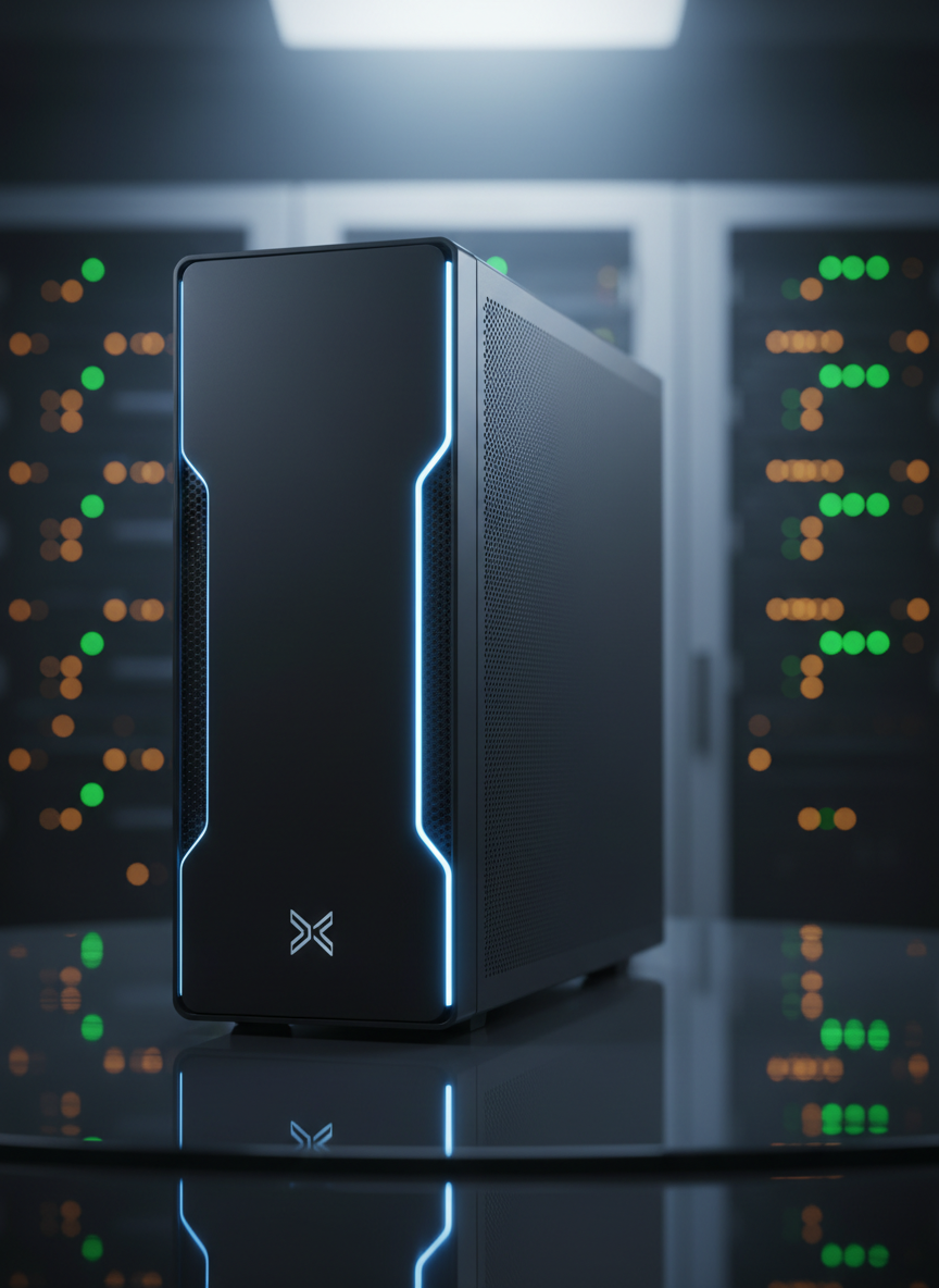 A sleek, matte-black server tower with subtle blue LED accents stands centered on a reflective dark glass surface, its vented metal panels revealing intricate textures and fine perforations. Behind it, softly blurred racks of network equipment glow with tiny status lights, suggesting a larger infrastructure. Cool, diffused studio lighting from above and slightly behind creates a professional rim light along the server’s edges, casting a crisp, controlled shadow forward. Captured at eye level with a slightly wide lens, the composition uses the rule of thirds, leaving negative space for potential overlay text. The mood is modern, reliable, and precise, with photographic realism emphasizing clean lines, sharp focus on the main server, and a gently bokeh’d background for a polished IT services homepage hero image.