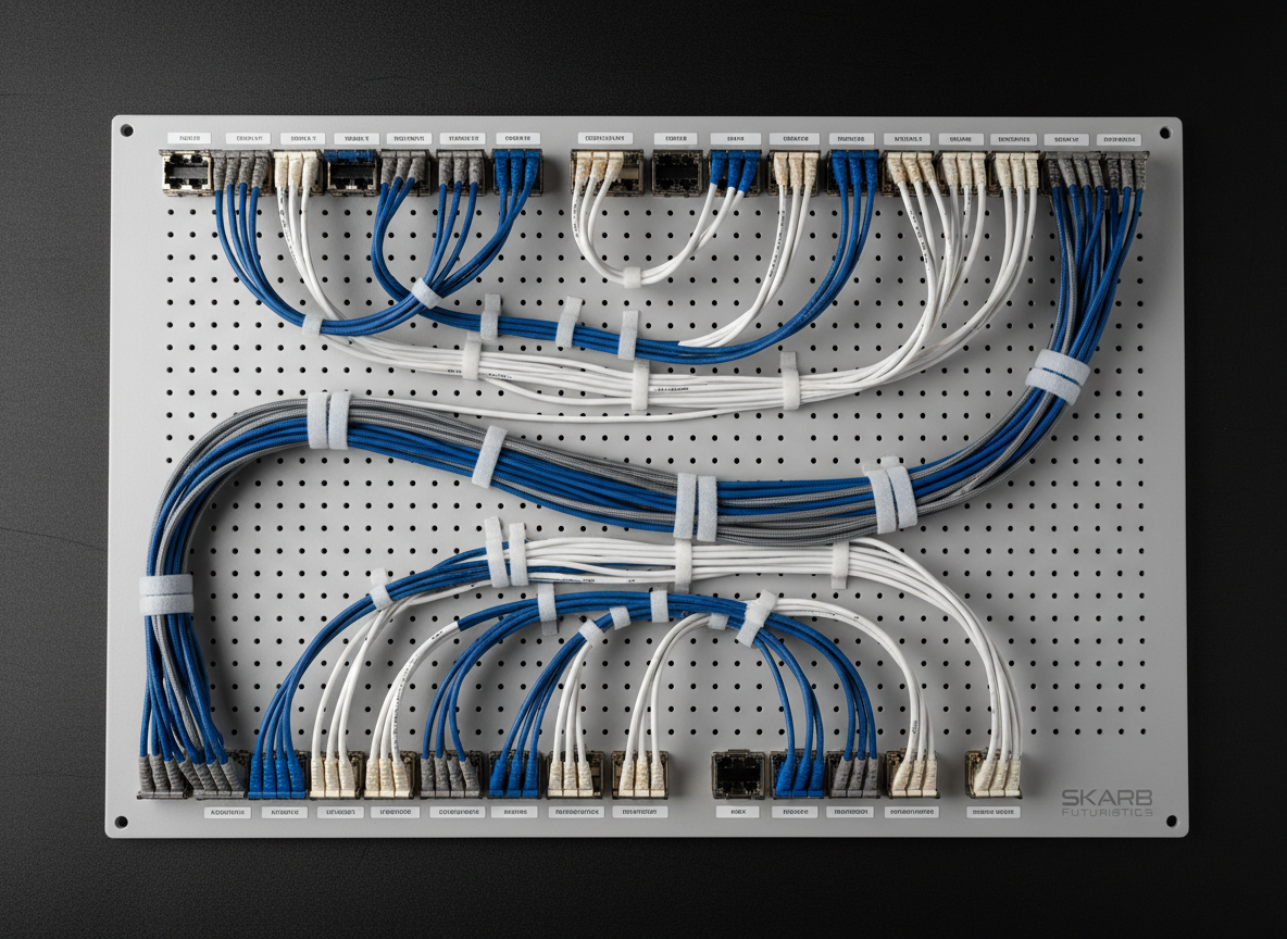 A close-up, overhead view of a meticulously organized cable management board displays neatly routed fiber-optic and Ethernet cables in coordinated blues, grays, and whites secured with matching Velcro ties. Each cable follows smooth, deliberate curves into labeled patch panels along the perimeter of the board, with small printed tags indicating system roles. The board rests on a matte dark surface that contrasts with the lighter cabling. Soft, evenly distributed studio lighting eliminates harsh shadows while creating subtle dimensionality across the cables’ braided textures. Photographic realism emphasizes clarity and order, with sharp focus throughout the frame. The mood is precise, methodical, and reassuring, perfectly symbolizing Skarb Futuristics’ professional, well-planned managed systems and IT infrastructure design.